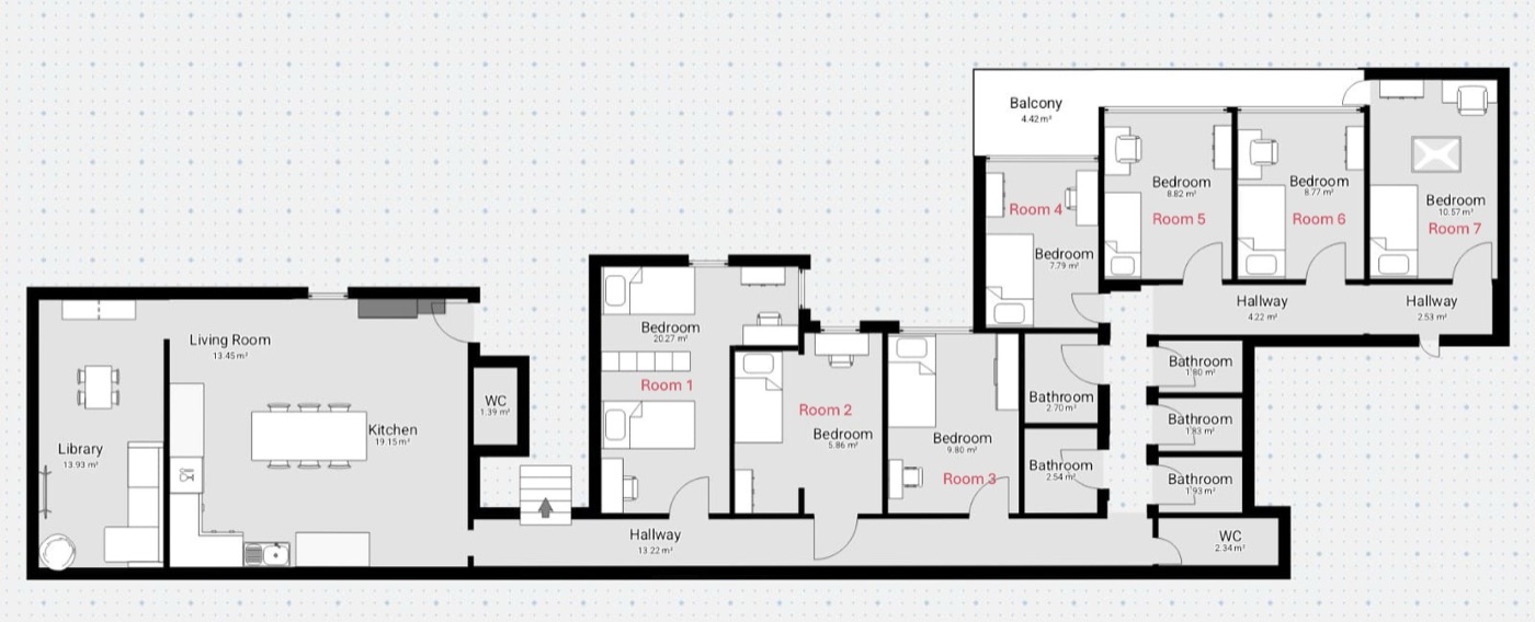 Labelled floor plan of INSULR Glebe showing all 7 rooms