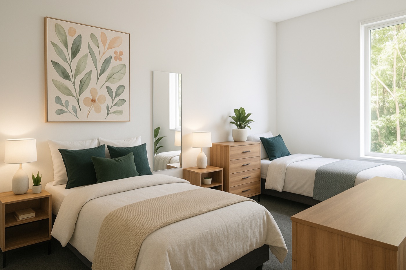 Twin share room with two single beds and a shared bathroom