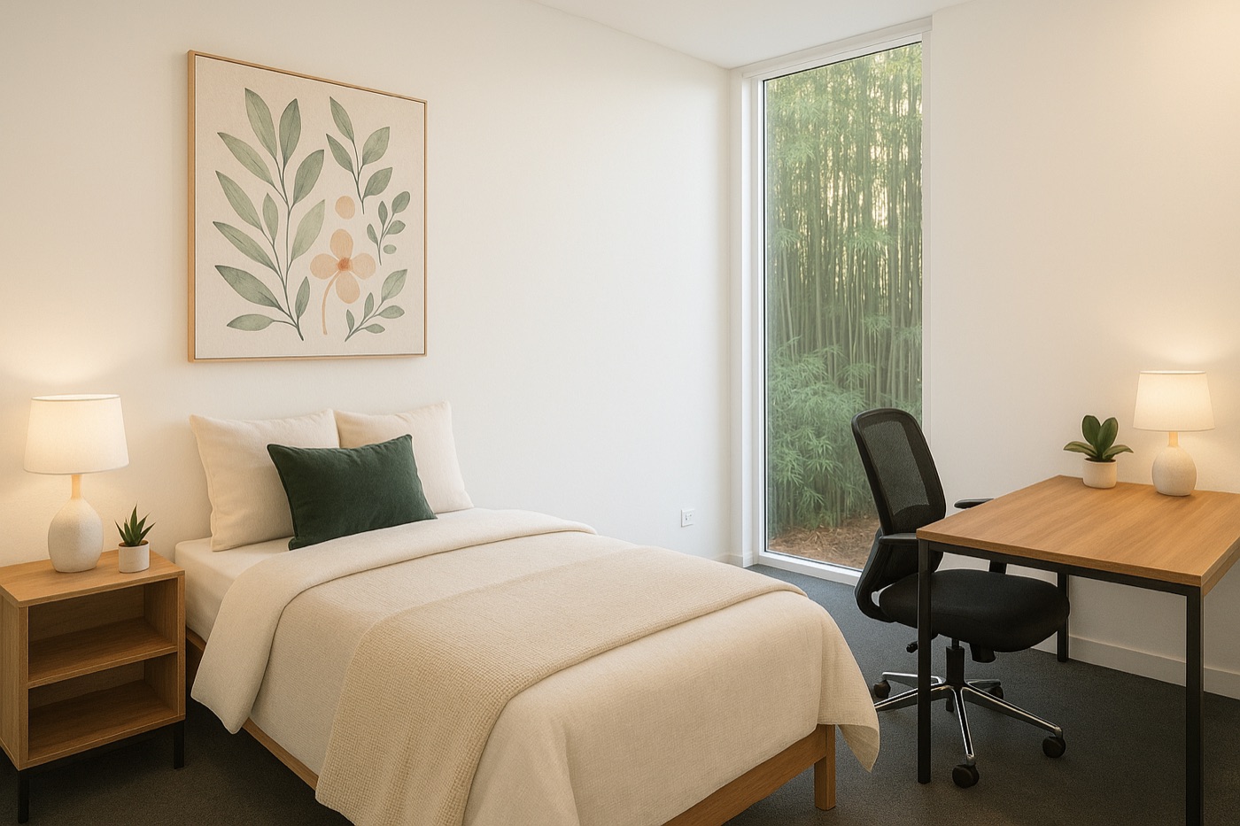 Single room with a desk and shared bathroom