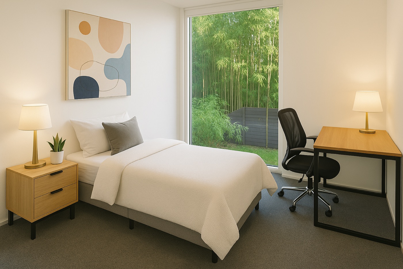 Bright furnished bedroom at INSULR Glebe with a desk and large window
