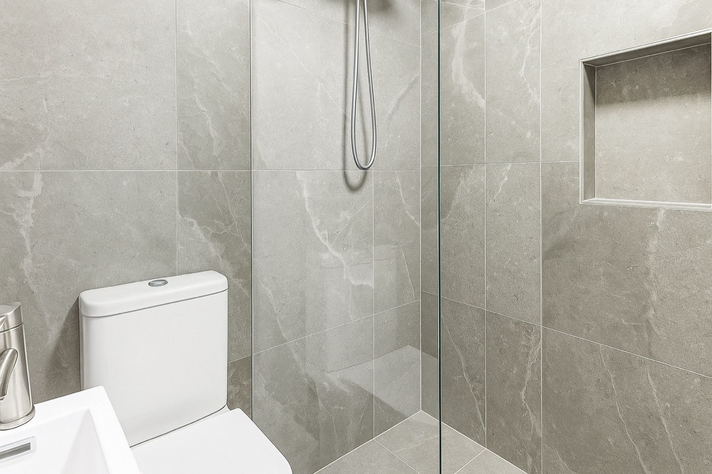 Modern stone tiled bathroom with walk in shower
