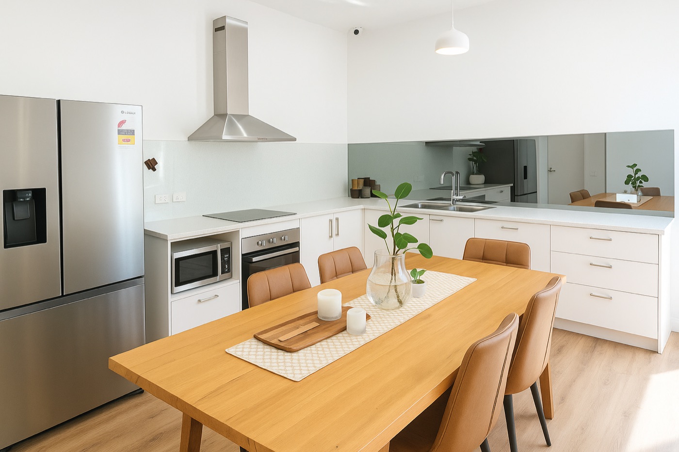 Full kitchen with a large dining table